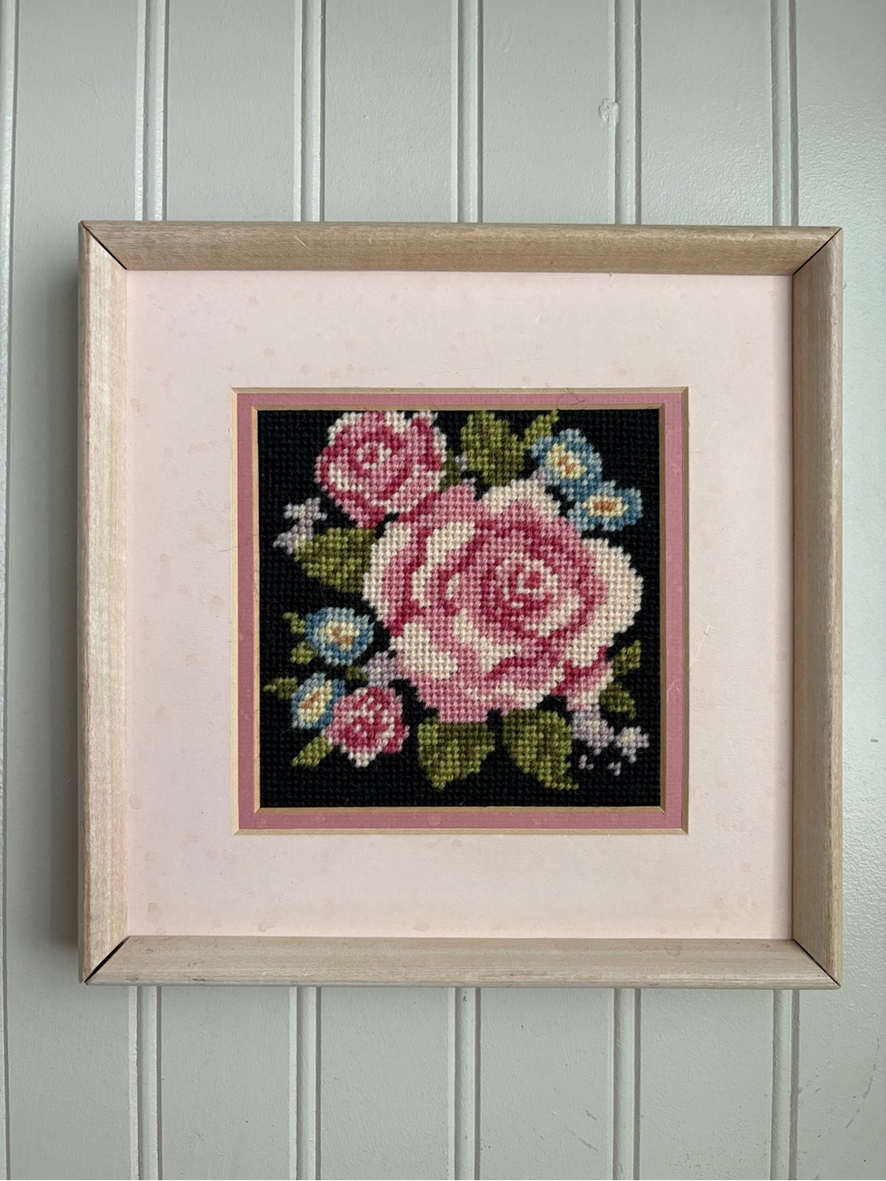 Vintage Handmade Framed Floral Embroidery Square Black/Pink Cottagecore Country
